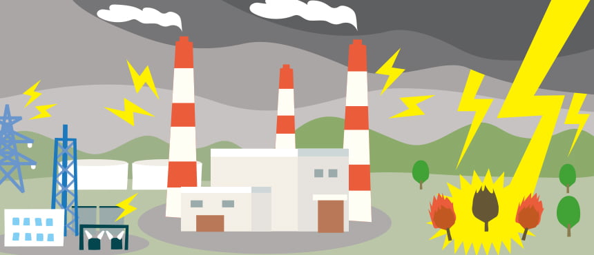 電気を作っている発電所と落雷によって燃えている木々のイラスト